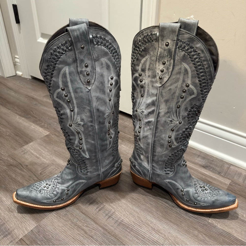 Lane Cosette Braided Stud Western Cowboy Leather Boots in Washed Denim - Picture 7 of 14